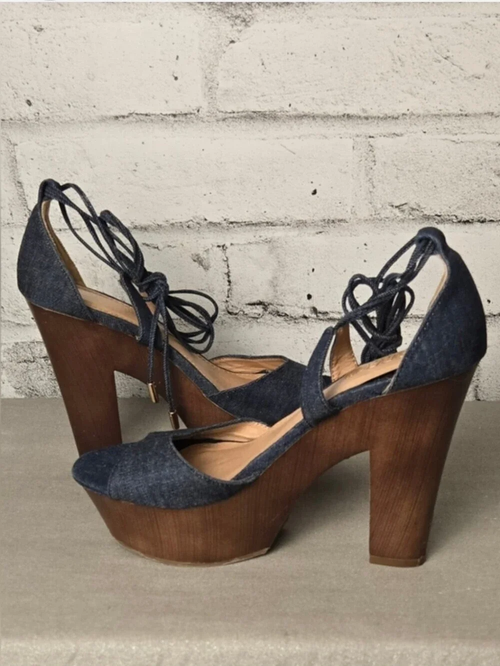 Brash Denim Lace Up Platform Heels Chunky Wooden Sandals Size 8.5